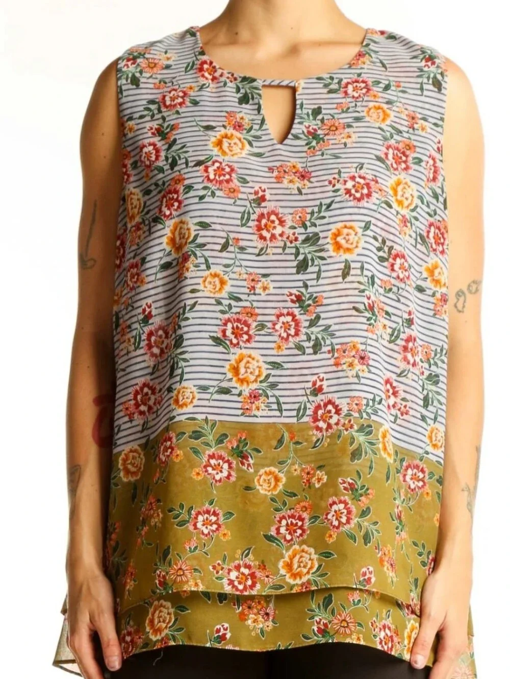 Cabi Penelope Flora Striped Tank Top Chiffon Floral Size Medium